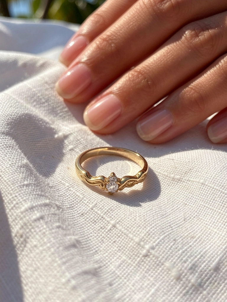 Anel de ouro com três diamantes sobre linho branco dobrado, luz natural quente e reflexos sutis.