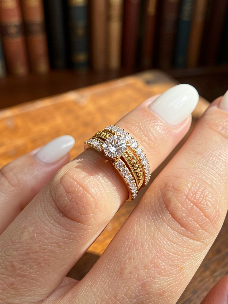 Anel de noivado de ouro com diamantes sobre unha branca, luz natural suave e fundo de madeira desfocado.