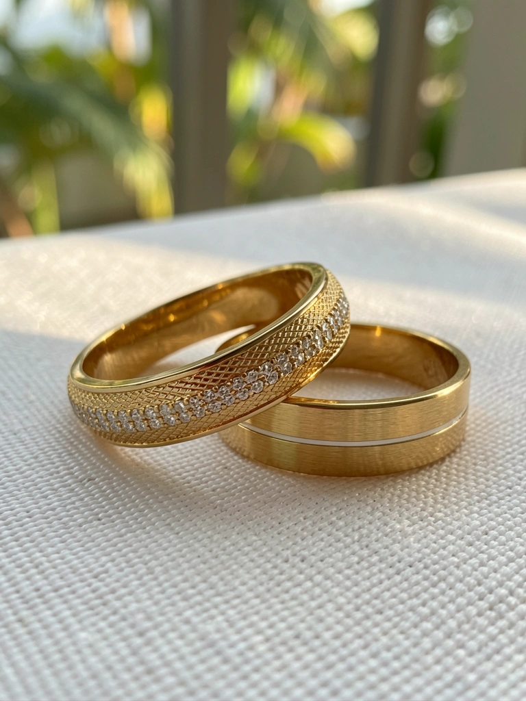 Duas alianças de ouro sobre tecido branco texturizado, uma com diamantes e outra lisa, luz natural suave destacando os detalhes.