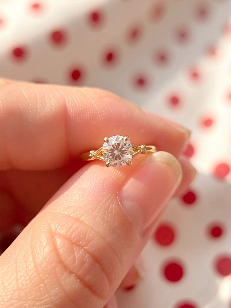 Mão com anel de ouro 18k e diamante brilhante sob luz difusa, fundo em bolinhas vermelhas e brancas desfocado.