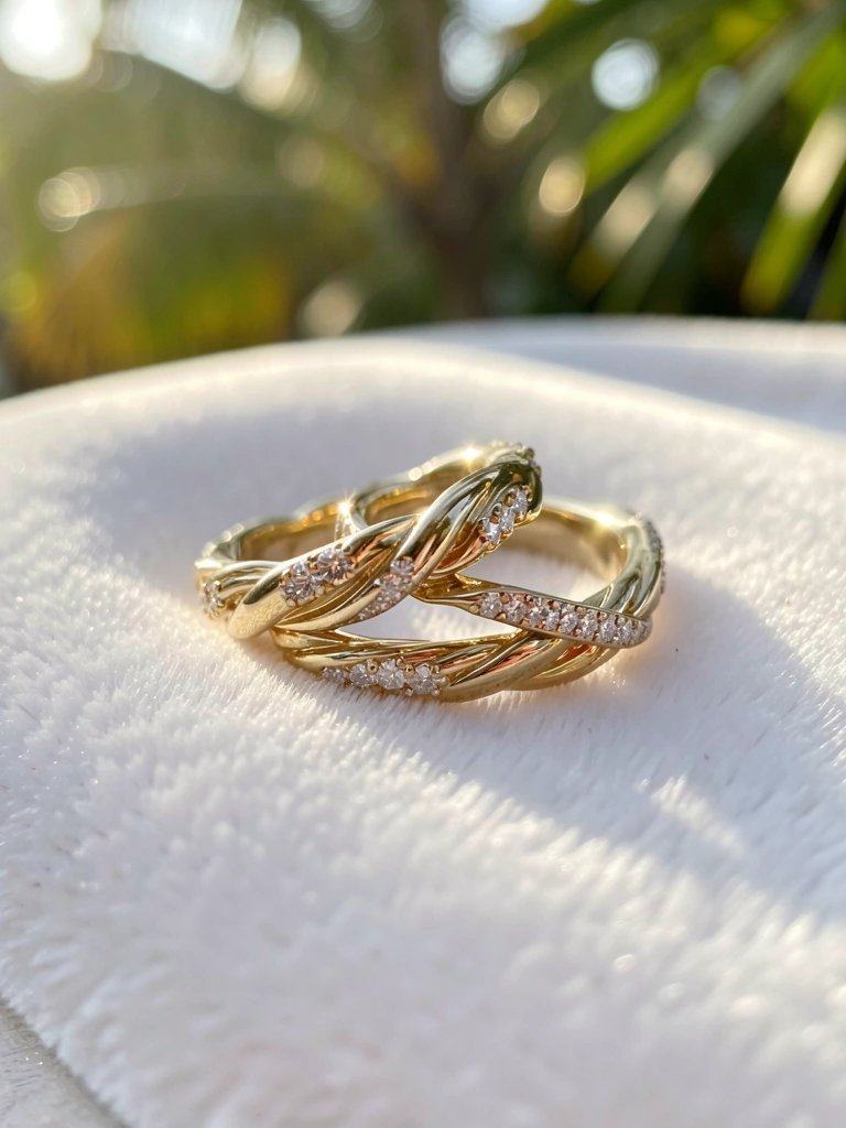 Anéis de noivado e aliança em ouro com detalhes torcidos e diamantes sobre veludo branco felpudo, luz natural quente e fundo desfocado com bokeh.