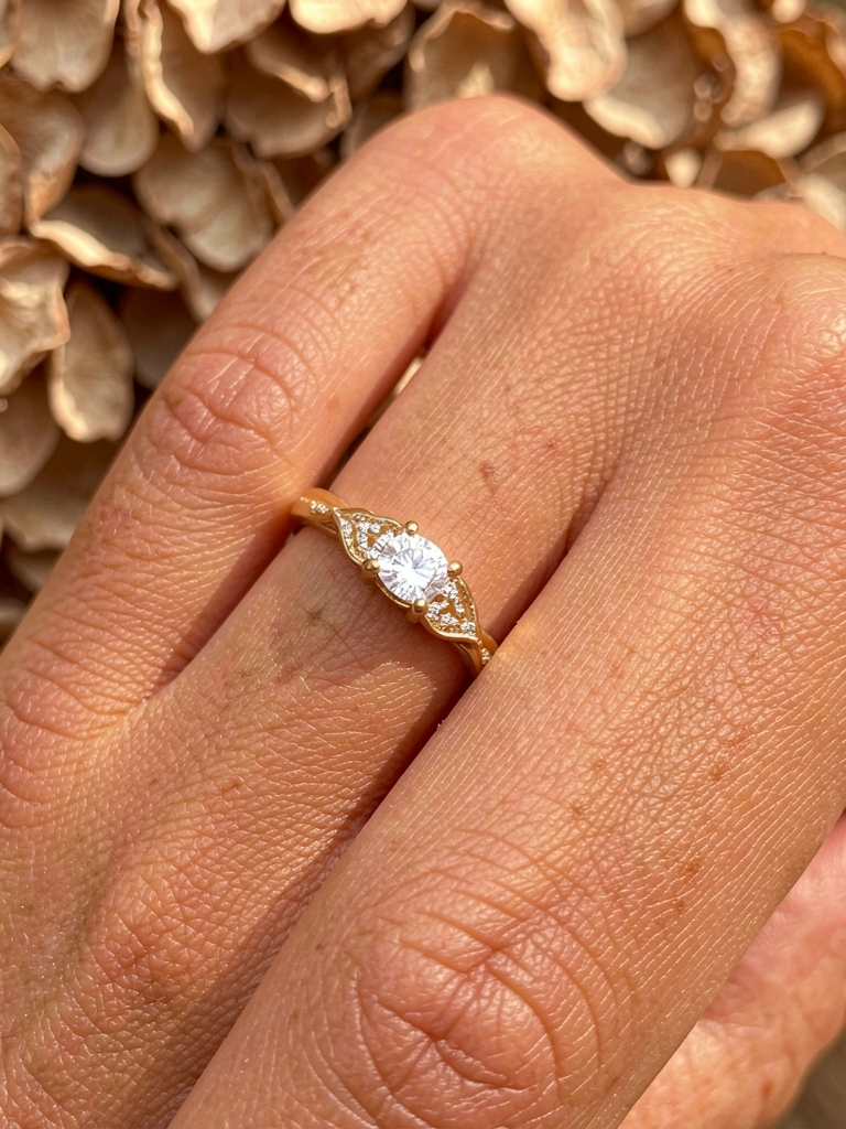 Mão feminina com anel de ouro e diamante sobre fundo desfocado de pétalas secas, luz natural.