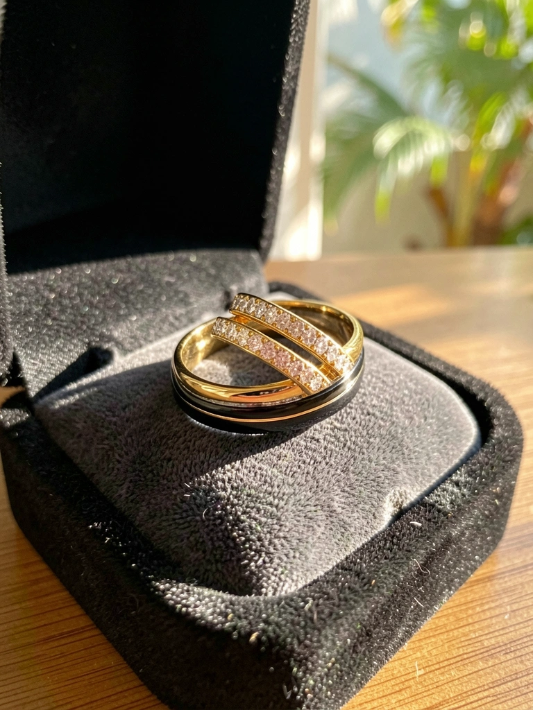 Duas alianças de ouro e preta sobre veludo cinza escuro, diamantes e luz natural destacam o brilho.