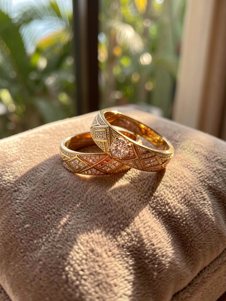 Anéis de ouro rosa cravejados de diamantes sobre almofada de veludo cinza, luz natural destacando brilho e textura.