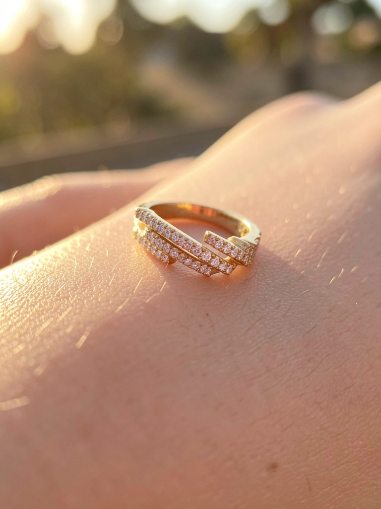 Anel de ouro com design linear e diamantes brilhantes sobre pele clara, luz natural e fundo desfocado.