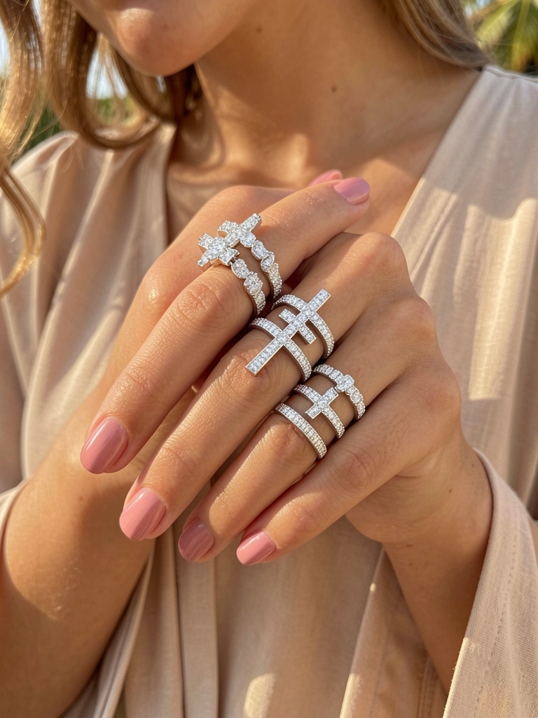 Mãos femininas exibindo anéis de prata e diamantes empilhados, unhas rosas, blusa bege, luz natural suave e fundo desfocado.