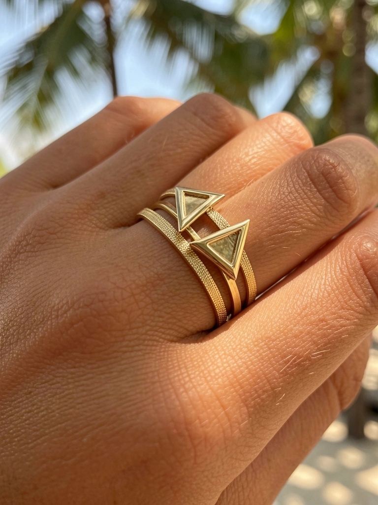 Mão feminina exibindo anéis de ouro com triângulos geométricos, luz natural suave e fundo tropical desfocado.