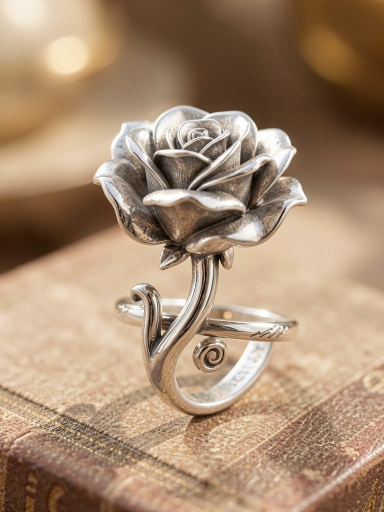 Anel de prata esterlina com rosa esculpida e pétalas detalhadas, haste curva e fundo desfocado, iluminado por luz natural suave.