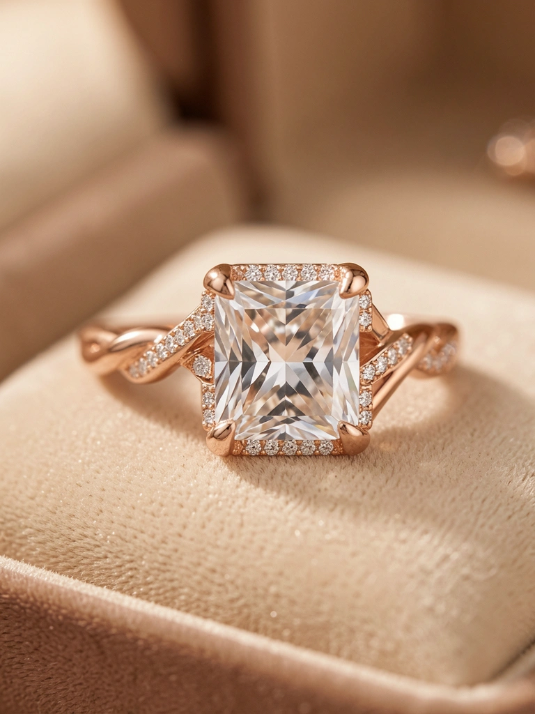 Anel de noivado com diamante quadrado em bandeja de ouro rosé com design torcido e pequenos diamantes, luz natural difusa e fundo desfocado.
