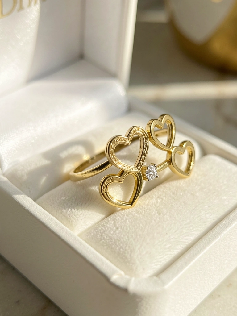 Três anéis de ouro com corações e um diamante em caixa branca, luz natural suave destaca detalhes.