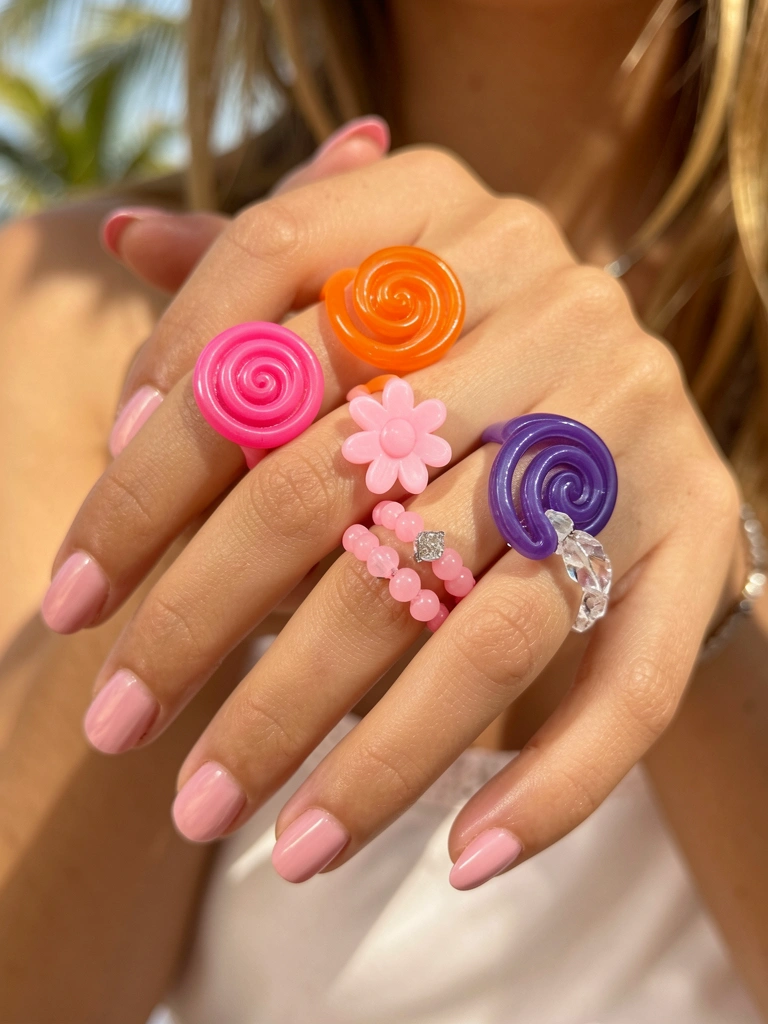 Mãos femininas com unhas rosas exibindo anéis coloridos: espirais laranja e rosa, flor rosa, turbilhão roxo e cristal transparente, em fundo desfocado com luz natural.