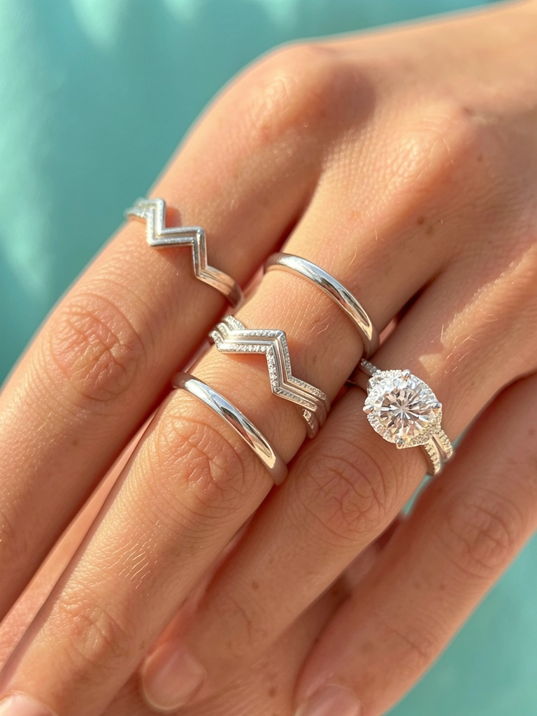 Mão feminina com anéis de prata, incluindo um em formato de chevron, uma aliança fina e um anel de noivado com diamante, sob luz difusa natural com fundo azul turquesa.