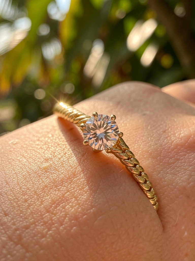 Anel de ouro com diamante redondo em close, luz natural filtrando por folhas, textura escovada do metal e reflexo sutil.