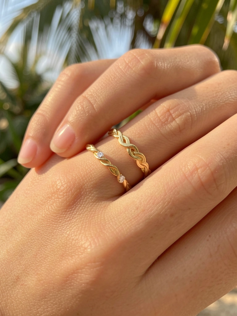 Mãos femininas seguindo dois anéis de ouro com diamantes, um trançado e outro retorcido, luz natural suave e fundo desfocado com folhagem.