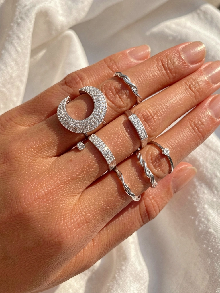 Mão feminina segurando anéis de prata e diamante, com um grande anel de lua crescente, anéis pavê e uma aliança trançada, sob luz natural suave e fundo de linho branco.