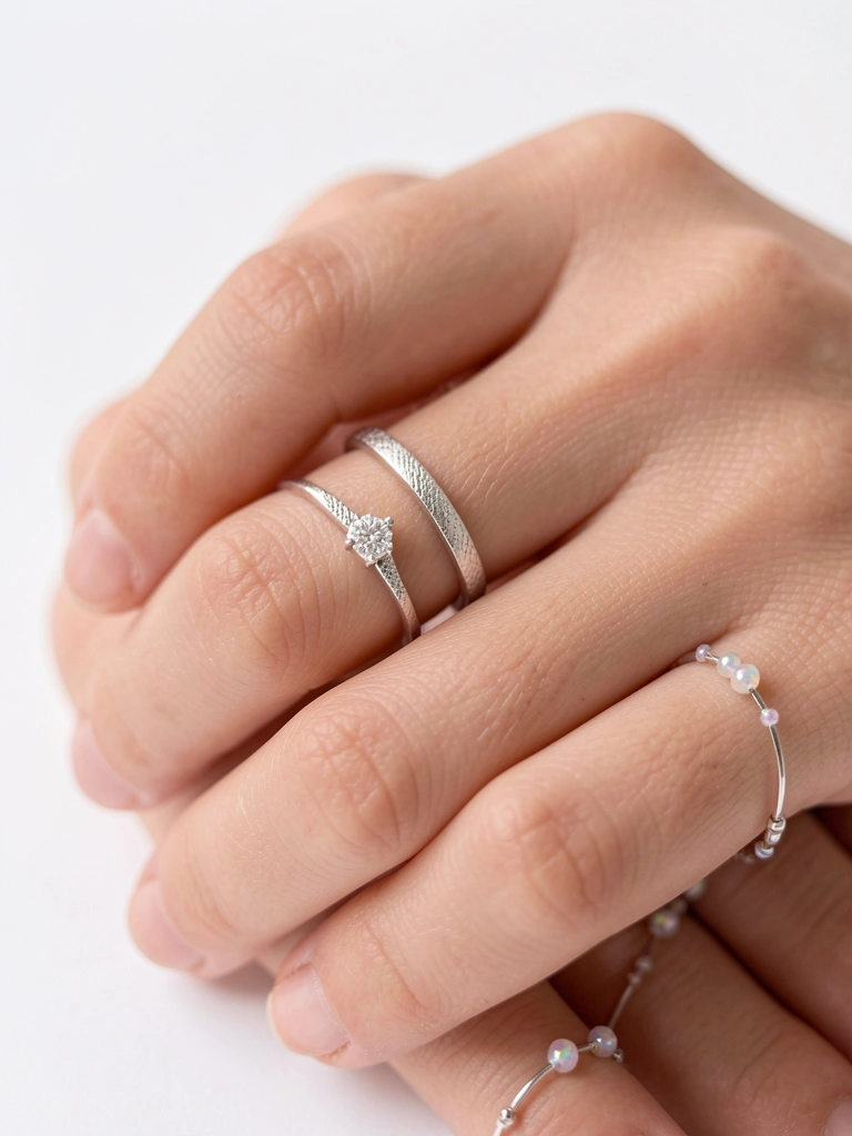Mão feminina segurando anel de prata com diamante, luz natural suave e fundo branco.