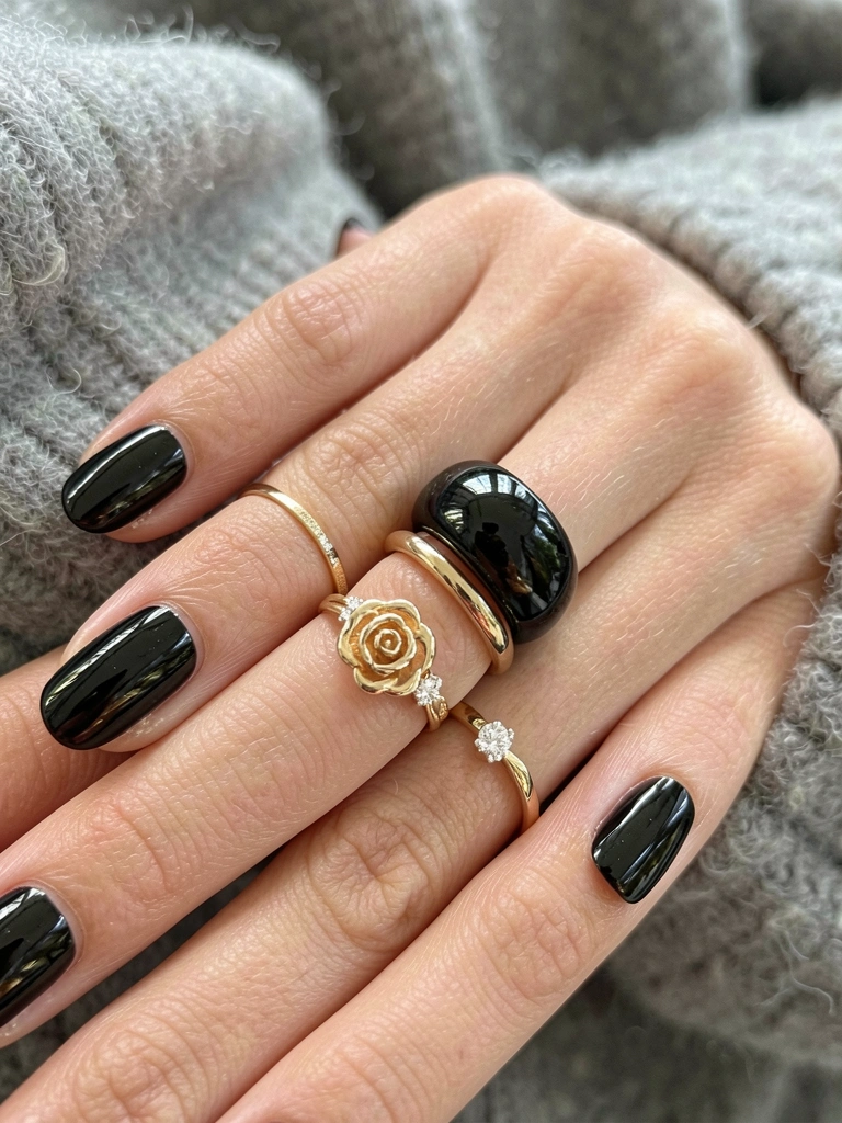 Mãos exibindo anéis de ouro e diamante sobre fundo de lã cinza, unhas pretas brilhantes, luz natural destacando texturas.