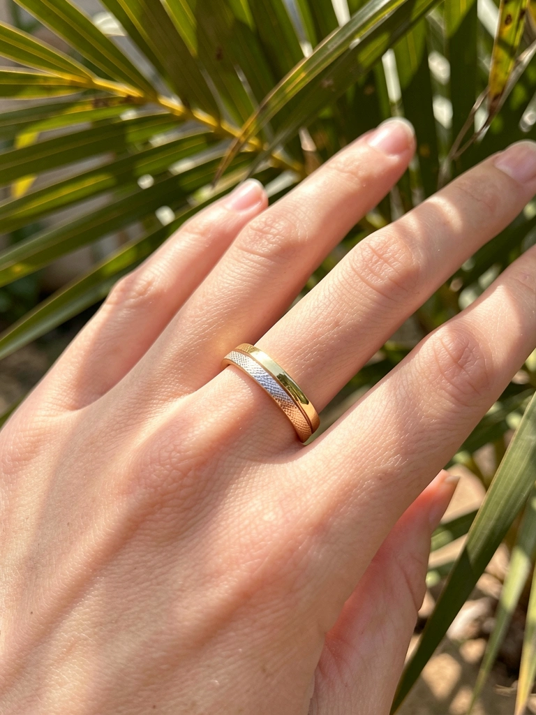 Anel triplo ouro amarelo, rosa e branco com textura sutil, dedo fino, luz natural difusa e folhas de palmeira ao fundo.