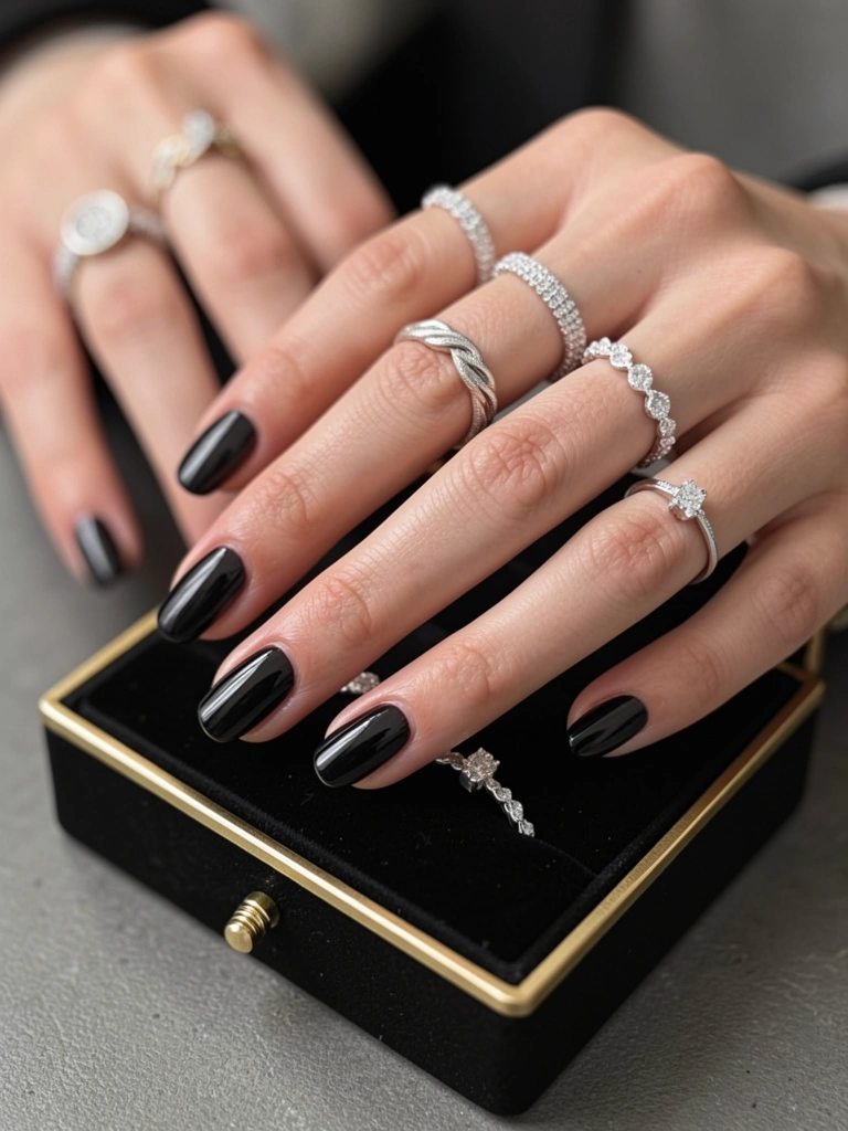 Mãos femininas com unhas escuras exibindo anéis de diamante: uma aliança pavê, uma trançada e um solitário, sobre veludo preto com borda dourada.