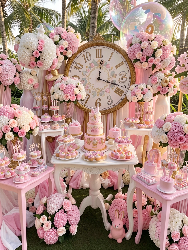 Mesa de festa infantil com bolo de três andares, cupcakes, doces e flores rosas em arranjos, relógio decorativo e coelho rosa, luz natural.
