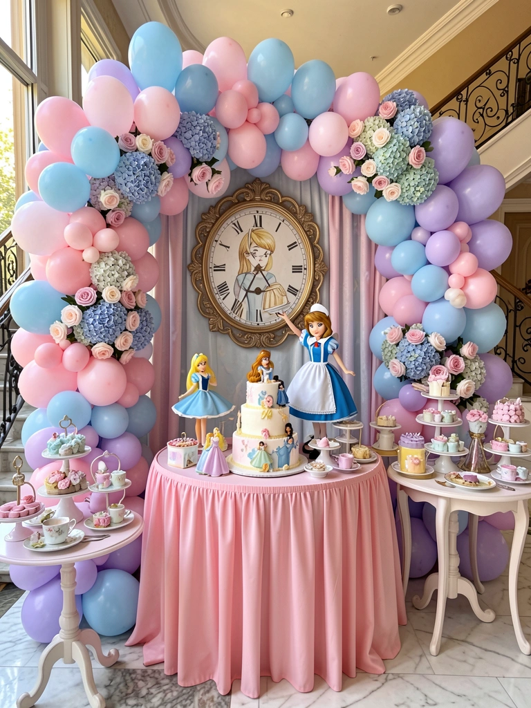 Arco de balões em rosa, azul e lavanda com arranjos de rosas e hortênsias, bolo de camadas com bonecos de Alice, Cinderela e Bela, e mesa com toalha rosa.