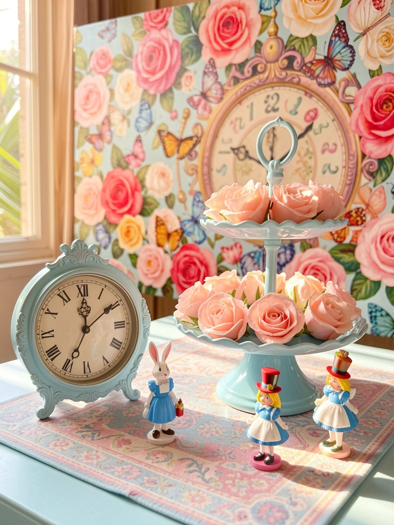 Mesa decorada com relógio de numerais romanos, suporte de bolo com rosas e miniaturas de Alice no País das Maravilhas, fundo floral vibrante com borboletas e luz natural.