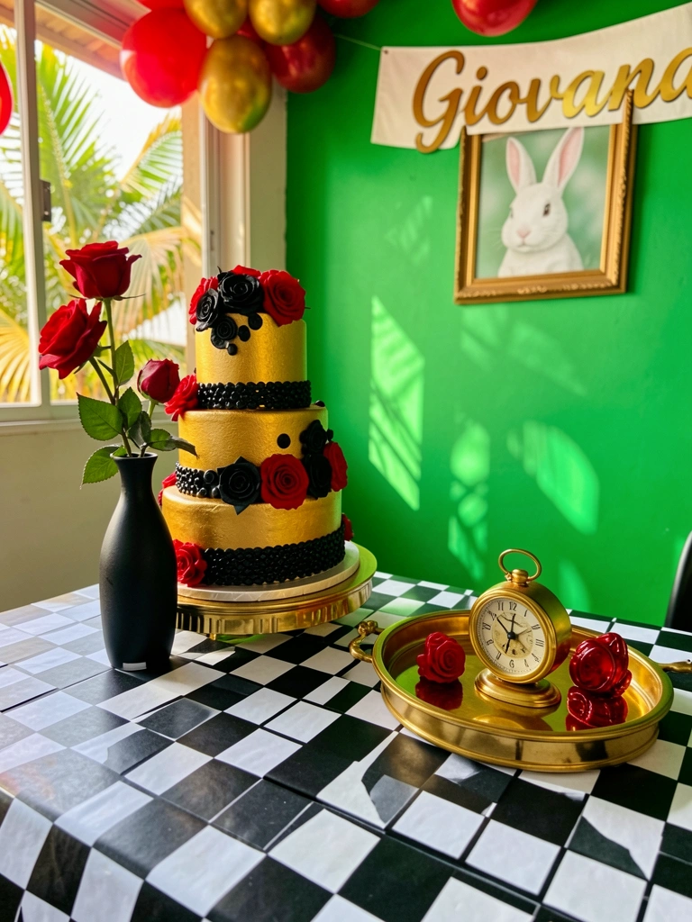 Mesa com bolo de andares dourado e preto decorado com rosas vermelhas, vaso preto com rosa ao lado, bandeja dourada com relógio e objeto vermelho, parede verde com banner 