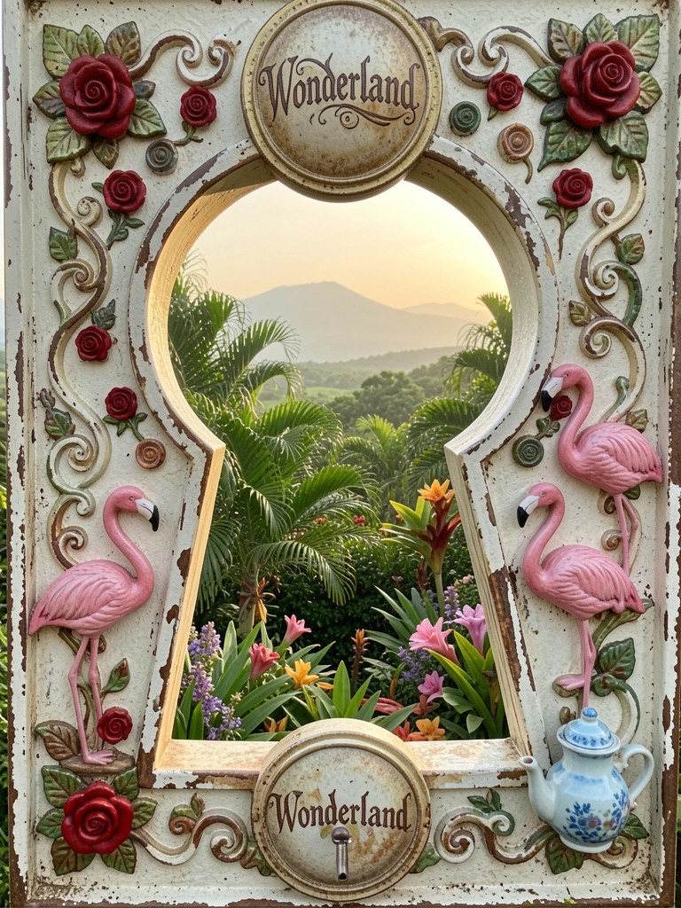 Moldura de porta ornamentada com flamingos e rosas, abrindo para jardim tropical sob luz dourada.