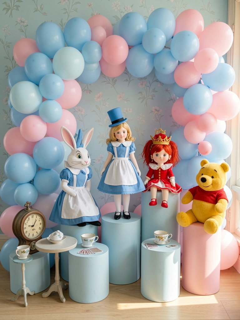 Balões azuis e rosas em arco sobre personagens de Alice no País das Maravilhas em pedestais, luz natural suave e parede com estampa floral clara.