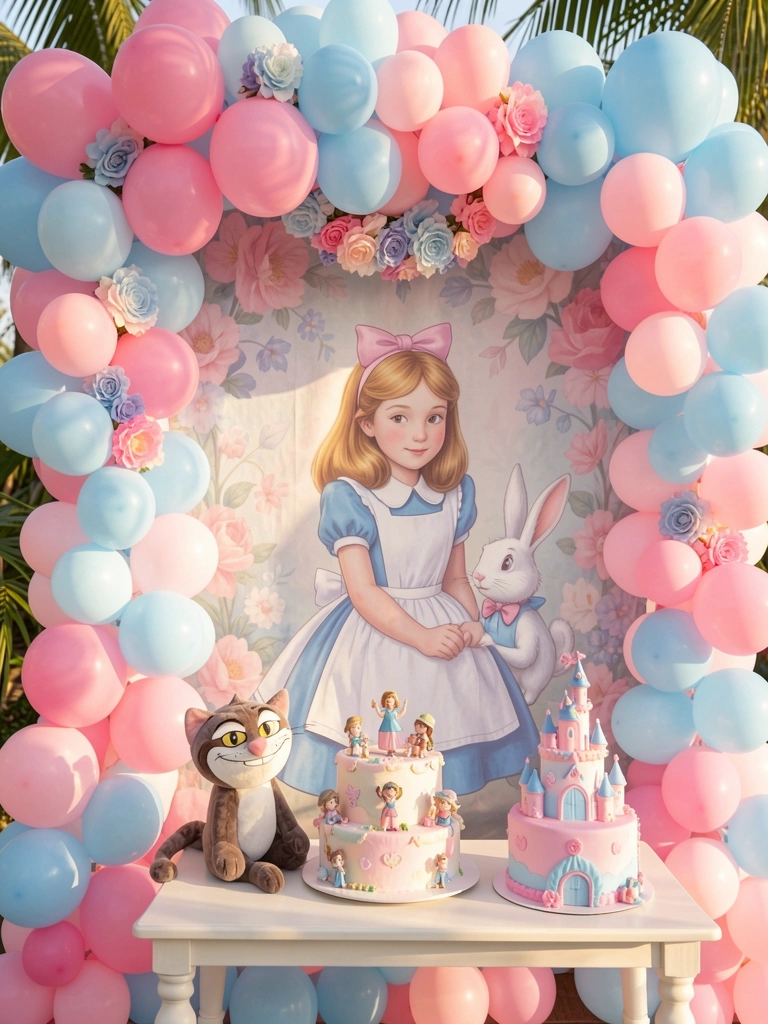 Grande painel de Alice no País das Maravilhas com retrato de Alice e coelho branco, cercado por balões rosa e azuis, guirlandas florais e bolo de dois andares com miniaturas, luz natural suave.