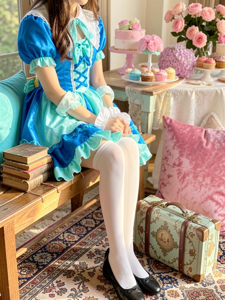 Luz natural incide sobre moça de vestido azul e turquesa sentada em banco de madeira, com livros antigos e maleta ao lado, mesa de doces rosas ao fundo.
