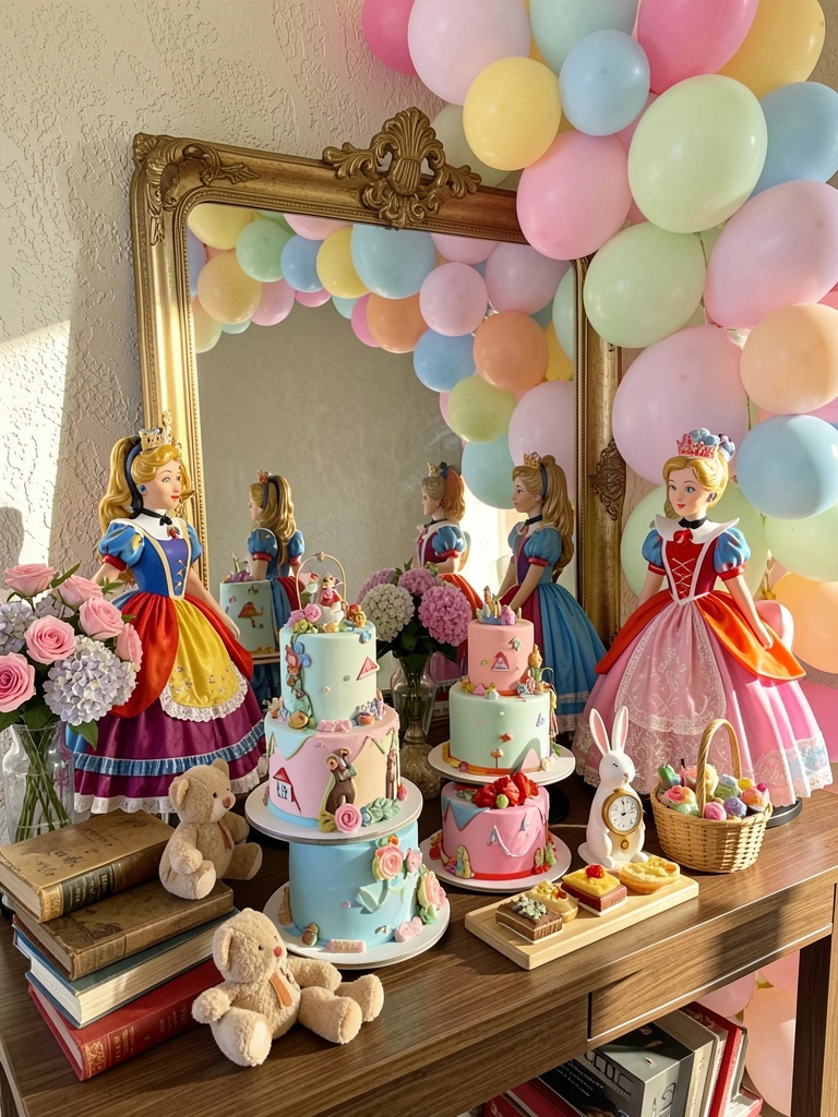 Mesa com bolos temáticos de Alice no País das Maravilhas, estátuas de Alice e Rainha de Copas, espelho dourado e arco de balões, luz natural.