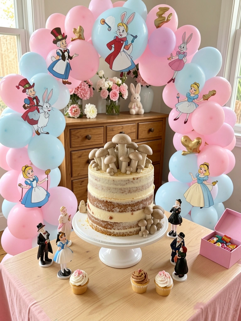 Bolo naked com cogumelos em suporte branco, arco de balões rosa e azul com personagens da Disney, gaveteiro de madeira com flores ao fundo, luz natural.