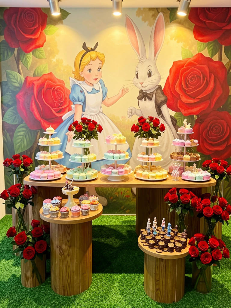 Mural de Alice no País das Maravilhas com coelho e rosas vermelhas, mesa com bandejas de doces pastéis e castiçais dourados sob luz quente.