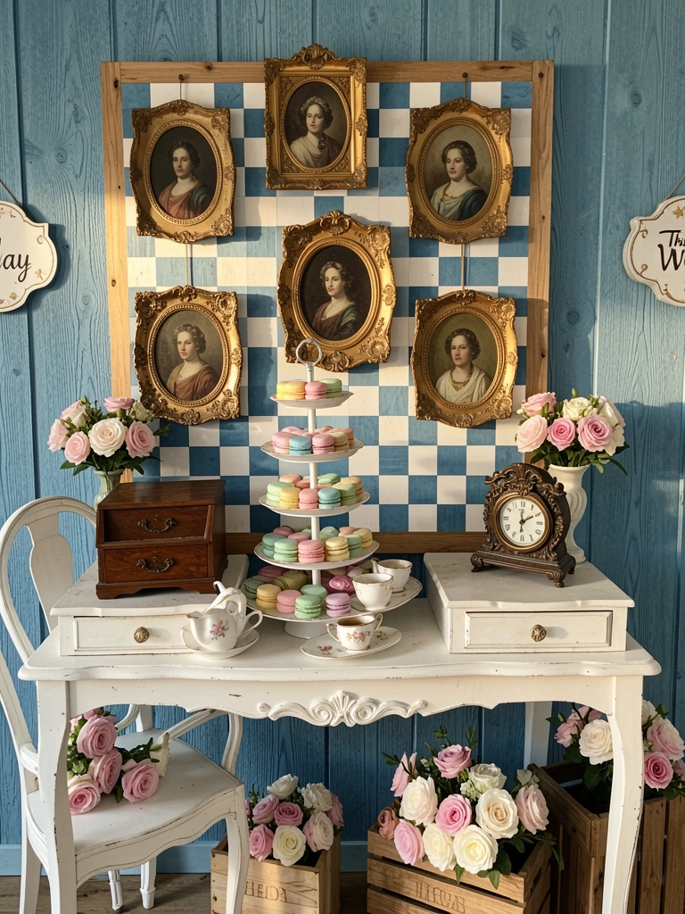 Painel de madeira azul e branco em xadrez com retratos dourados, bolo de macarons e buquês de rosas sobre mesa vintage, luz natural.