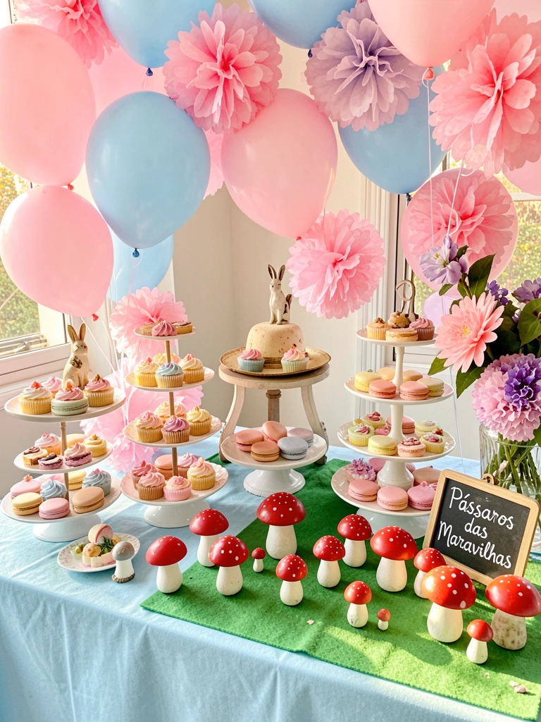 Mesa com toalha azul-clara, bandejas de dois andares com cupcakes e macarons, balões rosa e azul, cogumelos decorativos vermelhos e brancos sobre feltro verde, placa 
