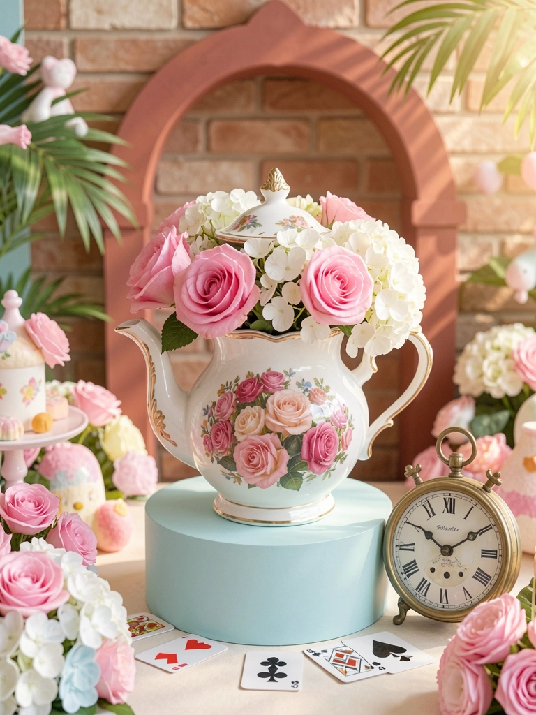 Bule de porcelana decorado com rosas e hortênsias sobre pedestal azul claro, cartas de baralho espalhadas e relógio antigo ao lado, parede de tijolos com arco decorativo.