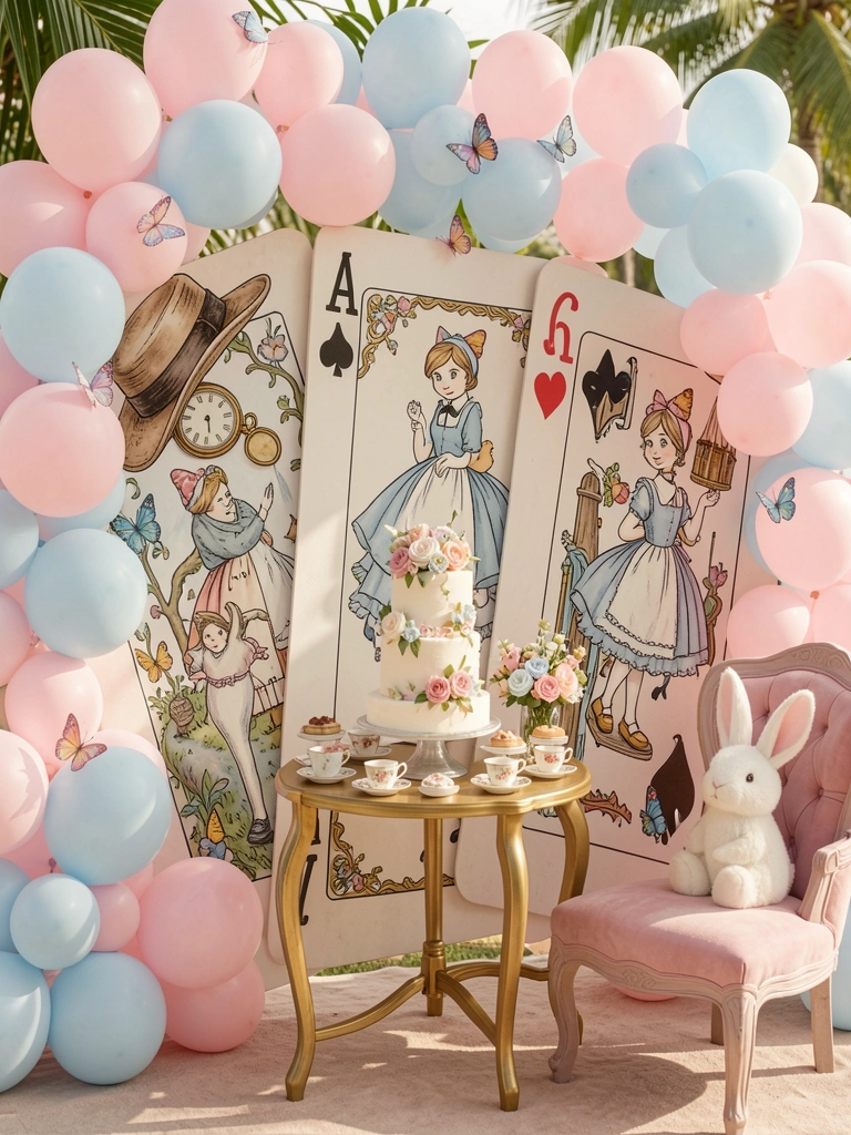 Cartas de baralho gigantes, balões rosa e azul, e um bolo de andares com flores sobre mesa dourada, luz natural suave.