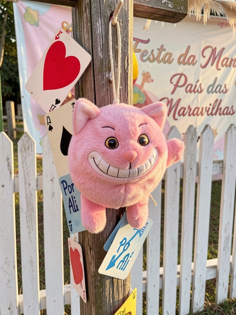 Pelúcia rosa do Gato de Cheshire pendurada em poste de madeira com cartas de baralho e bandeira 