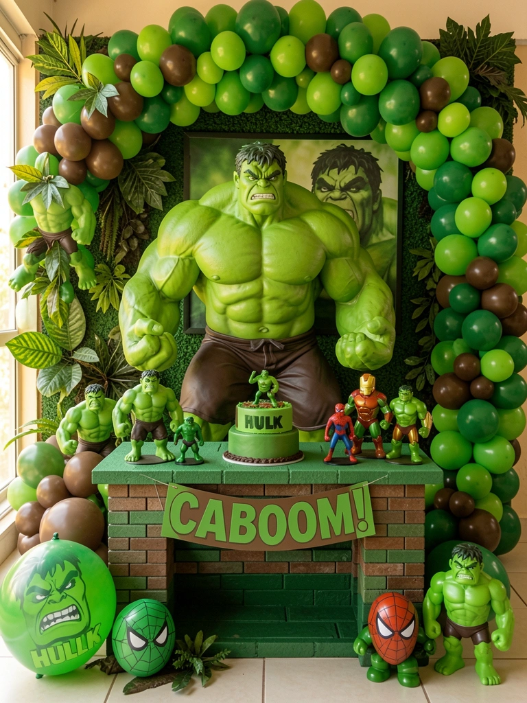 Luz natural incide sobre mesa de bolo verde e marrom com estátua do Hulk, balões e arco verde, parede texturizada e banner 