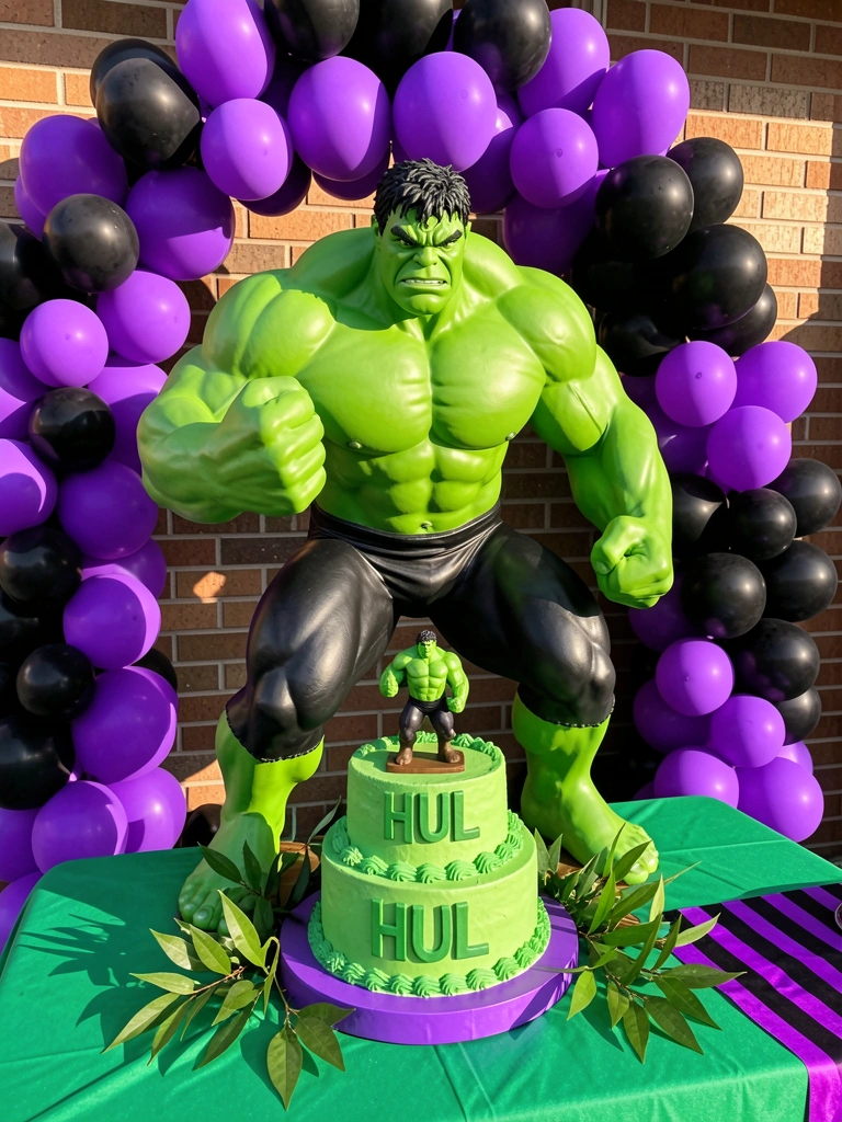 Estátua do Hulk verde e preta com punho cerrado, arco de balões roxo e preto ao fundo, bolo de três andares com cobertura verde e letras 