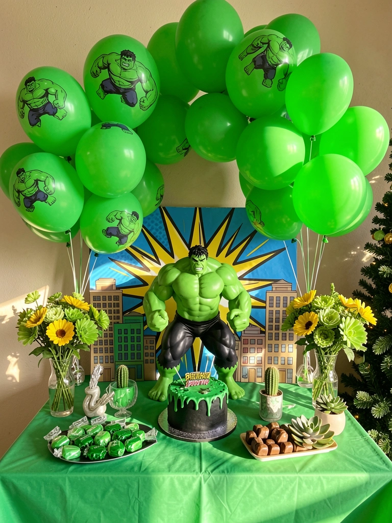Mesa infantil com boneco do Hulk no centro, balões verdes, bolo preto e verde, e cenário de cidade de papelão, luz natural.