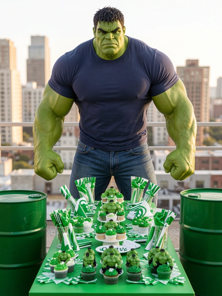 Hulk verde gigante, camiseta azul, em pé diante de mesa comprida com cupcakes verdes e brancos, miniaturas e enfeites; luz natural, paisagem urbana desfocada ao fundo.