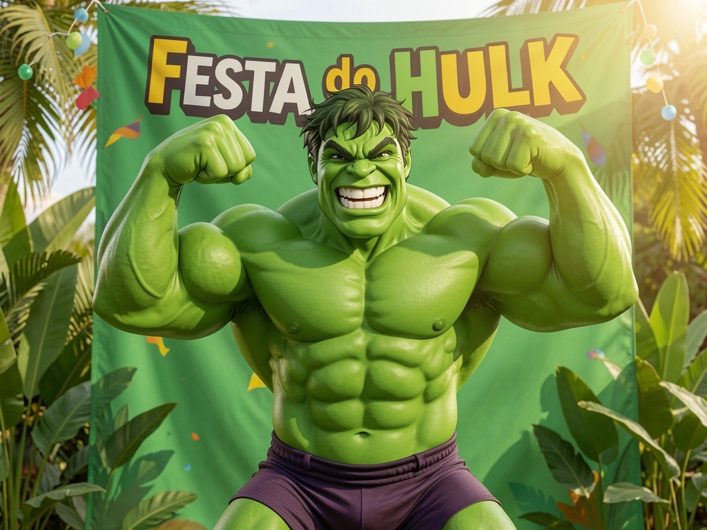 Hulk verde cartunesco sorrindo e flexionando músculos sob luz natural, com banner 