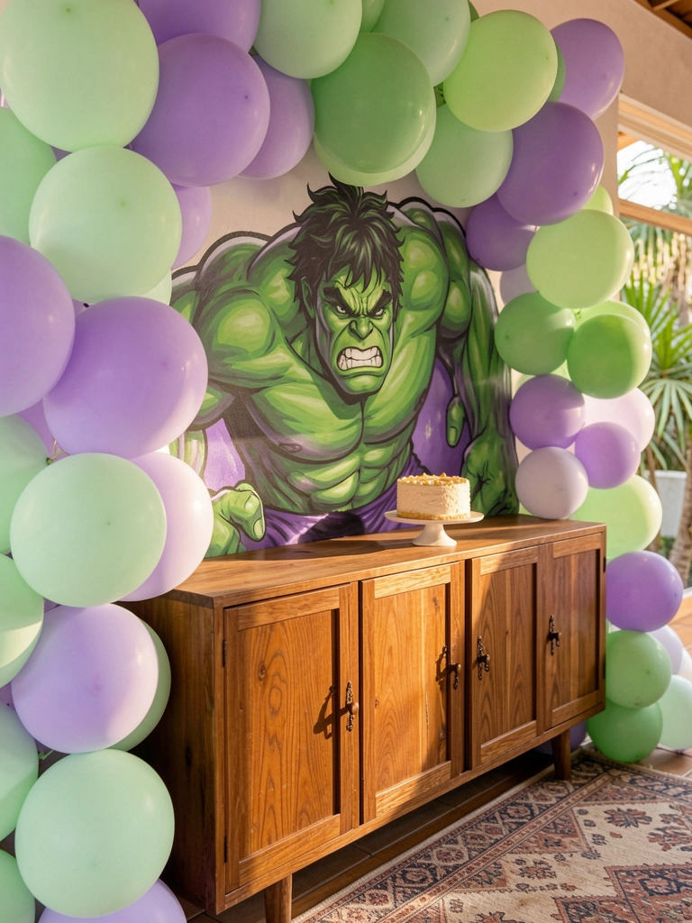 Mural vibrante do Hulk em verde e roxo sobre aparador de madeira, com guirlanda de balões pastéis e bolo pequeno, luz natural filtrada por janela.
