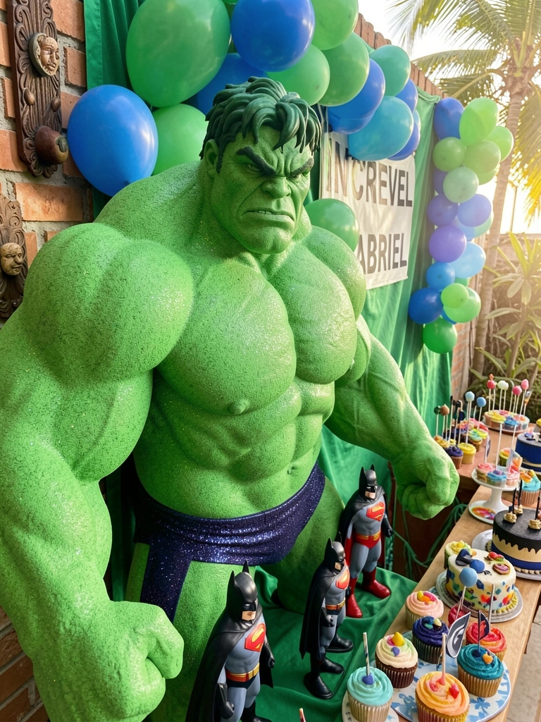Estátua do Hulk em EVA verde texturizado cercada por balões azuis e verdes, com bolo do Batman e doces sobre a mesa, luz natural filtrada.
