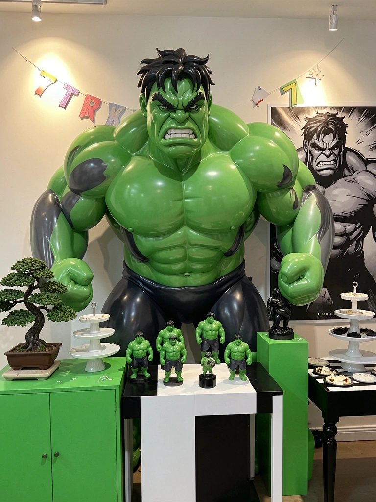 Balão inflável gigante do Hulk em verde, preto e cinza domina a cena, com banner de aniversário 