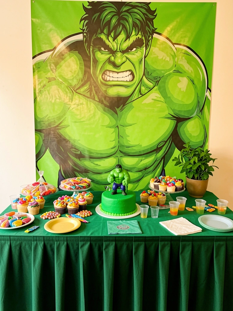 Pôster verde do Hulk com ilustração detalhada do rosto e braços, mesa com toalha verde e bolo decorado com figura do Hulk, doces coloridos e copos plásticos espalhados, iluminação quente.