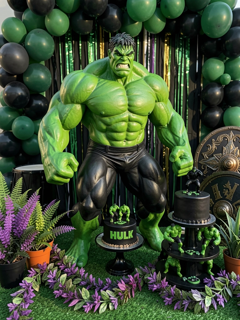 Estátua verde e preta do Hulk sobre grama sintética, bolo preto com letreiro 