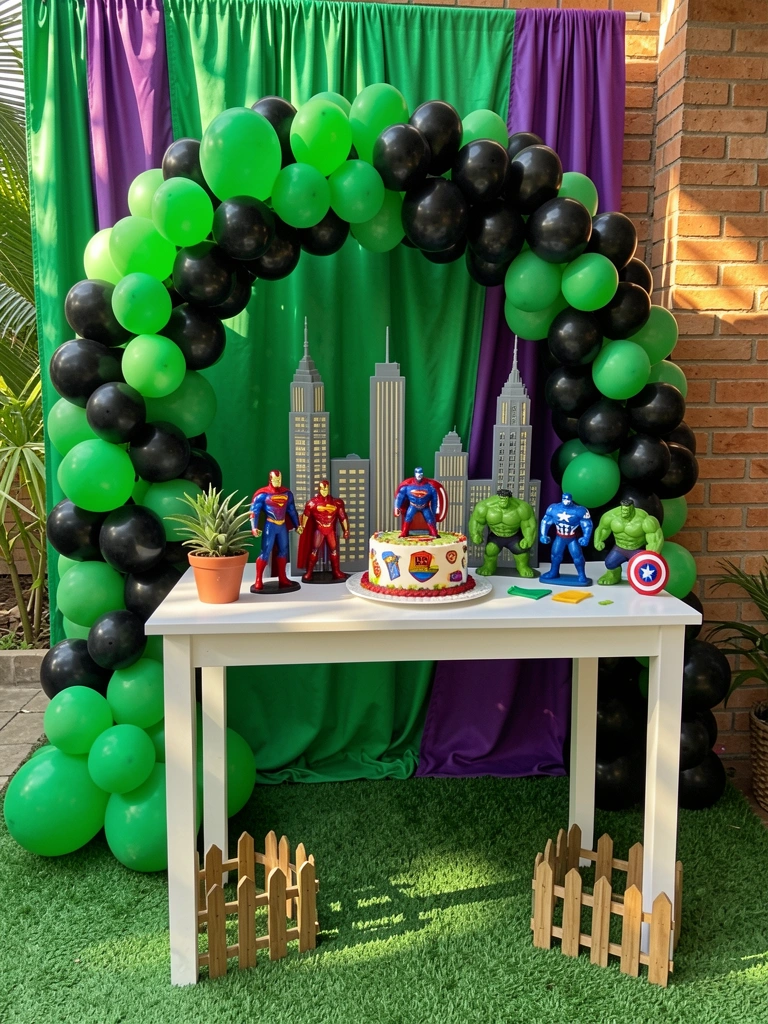 Mesa branca com arco de balões verdes e pretos, bolo decorado com heróis e miniaturas de Superman, Homem de Ferro, Hulk e Capitão América em fundo de cidade, luz natural.
